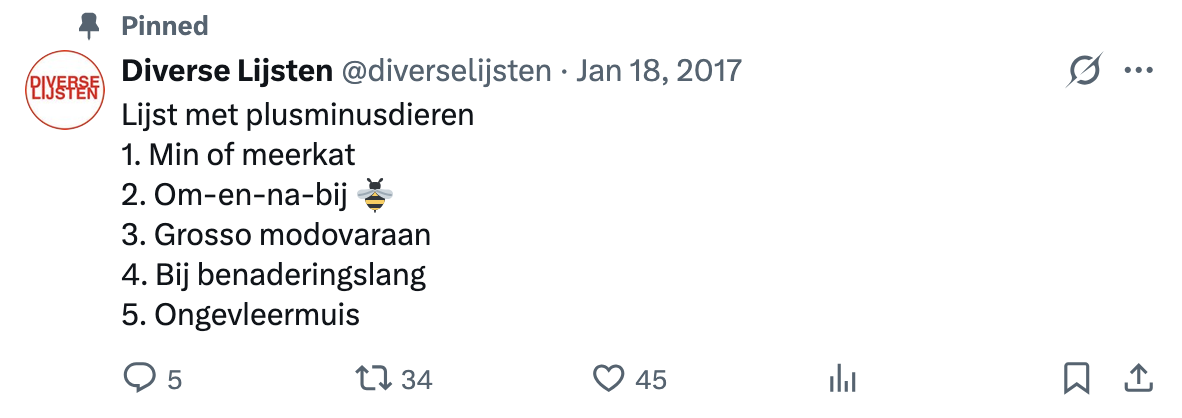 Vastgezette tweet van Diverse Lijsten met een lijst van plusminusdieren